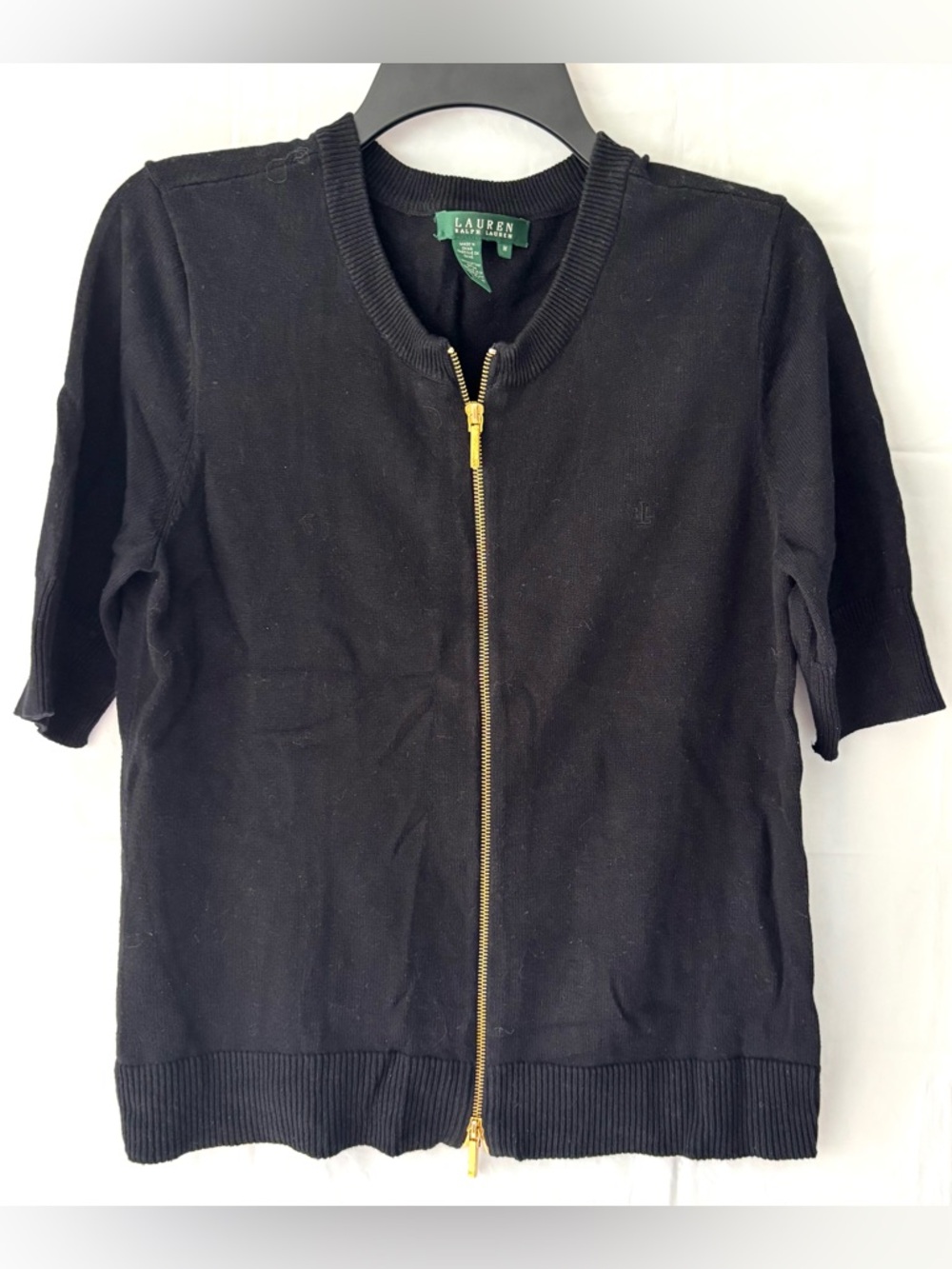 NWOT Lauren Ralph Lauren Black Gold Zip-Front Cotton Short Sleeve Cardigan SZ M - Picture 8 of 9